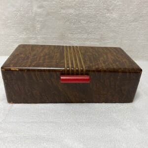 Vintage‎ Bakelite Red Handle Wood Grain Jewelry Trinket Box Art Deco Storage